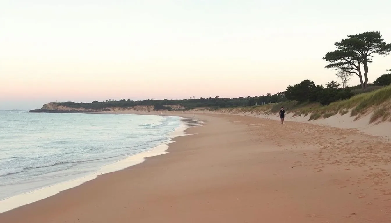 Serene Comporta Beach, Portugal: a tranquil slice of Mediterranean paradise. Soft, golden sand bordered by swaying dunes and verdant coastal pines. Gentle waves caress the shore, reflecting the warm hues of the setting sun. A lone beachgoer strolls along the water's edge, enjoying the peaceful solitude. Overhead, a pastel sky fades into shades of amber and indigo. Captured through the lens of "The Traveler Online", this idyllic scene exudes an air of quiet contemplation, inviting the viewer to escape the bustle of everyday life and bask in the calming embrace of Comporta's natural beauty.