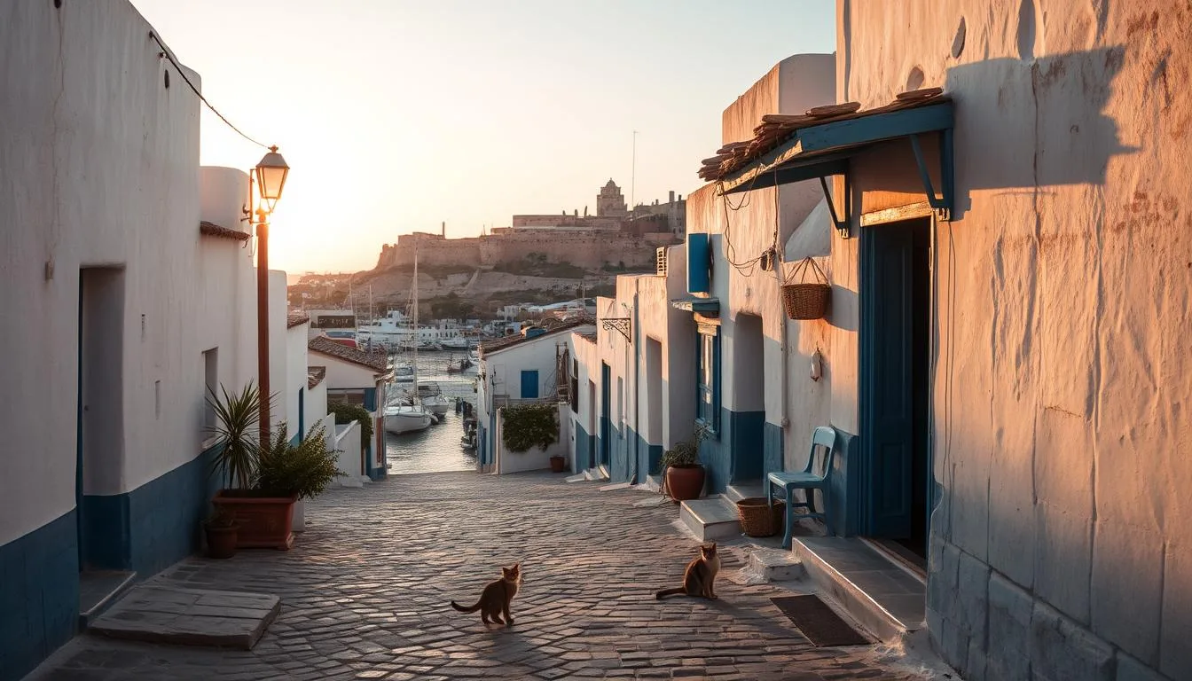Sleepy Essaouira, a Moroccan gem nestled between the desert and the sea. Whitewashed buildings with blue accents line the winding alleys, their shadows casting gentle patterns on the cobblestones. In the distance, the iconic fortress walls stand guard, their weathered stones glowing in the golden hour light. Fishermen's boats bob gently in the harbor, their nets drying in the salty breeze. Stray cats lazily bask in the warmth, a testament to the tranquil pace of life. Capture this serene moment for "The Traveler Online" as the sun dips below the horizon, casting a warm glow over this timeless coastal village.